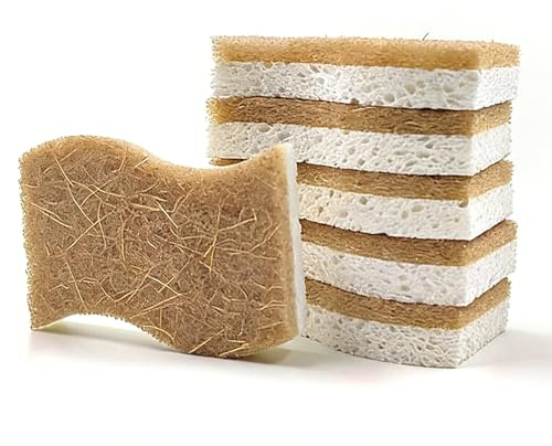 6 Piezas Estropajo Cocina, Estropajo Natural, Esponjas de Limpieza Ecológicas de Fibra de Coco y Celulosa Natural en Forma de S, Estropajos Biodegradables sin Rayar para Platos, Sartenes