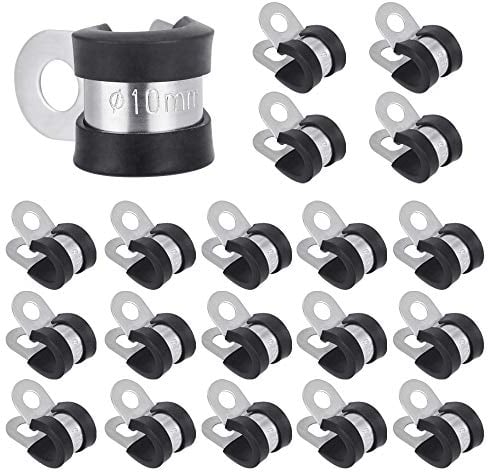 BUZIFU 20pcs Abrazaderas Metalicas para Mangueras Tubos y Cables, Ø 10mm, Aisla e Insonoriza, Abrazadera de Acero Inoxidable 304 con Forro de Goma, P Clips, para Sujetar Las Tuberías Neumáticas