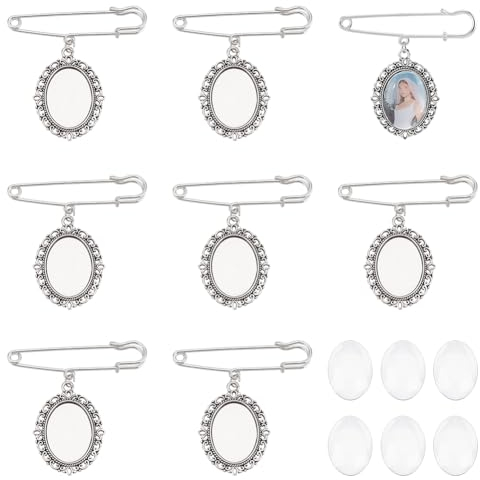 PandaHall 8 Sets DIY Pin Brosche Making Kit Inklusive 8 Stück Eisen Brosche Tray mit 8 Stück Oval Klarglas Cabochons Boutonniere Bouquet Charms für Hochzeitsfeier, Antik Silber & Platin