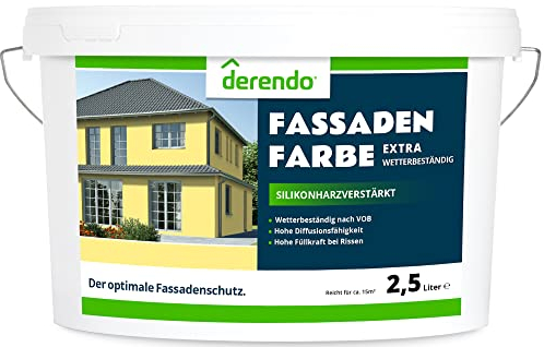 derendo Fassadenfarbe gelb 2,5l mit EXTRA hohem Wetterschutz, matte silikonharzverstärkte Fassaden Farbe, hohe Deckkraft und gute Füllkraft bei kleinen Rissen (Cremegelb 7-22)