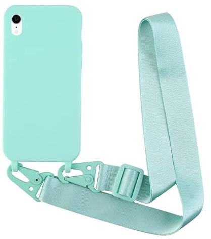 Leather Armor Handykette Hülle für iPhone XR mit Band Halsband Lanyard (abnehmbar) Handyhülle,Handyhülle mit Verstellbarer Lanyard,Stoßfest Silikonhülle Handykette Handyhülle .-Türkis
