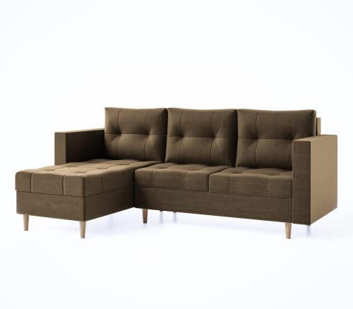 GRAINGOLD Bequemes, Ecksofa Scandi mit Schlaffunktion und Stauraum - Moderner skandinavischer Stil - T30-Schaum und gewellte Feder, bequemer Schlaf, freistehend, hohe Beine - 225x145cm