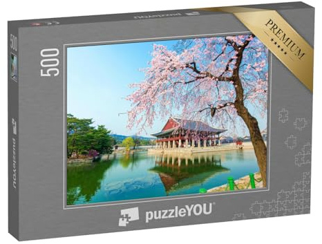 puzzleYOU: Puzzle 500 Teile „Gyeongbokgung-Palast in der Zeit der Kirschblüte, Korea“ – aus der Puzzle-Kollektion Seoul, Städte Weltweit