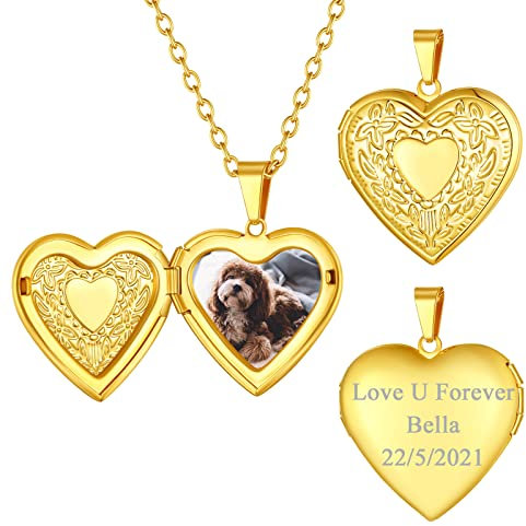 FindChic Personalisierte Medaillon zum Öffnen für Bilder Memorial Damen Herz Medaillon Kupfer Foto Herzkette mit Gravur Gold Locket Amulett mit 51cm kette
