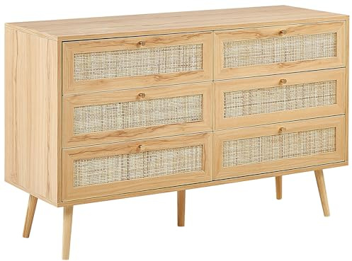 Beliani Kommode mit 6 Schubladen aus hellbraunem Rattan im Boho-Stil Perote