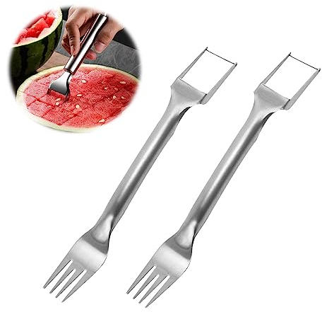 YEJAHY 2PCS Watermelon Fork Slicer Cutter - 2-in-1 Watermelon Fruit Stainless Steel Fork Slicer - Dual Head Portable Artifact - for Party Camping Kitchen Gadget