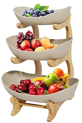 wanwanper Fruit Plate, 3 Tiers Fruit Bowls, Fruit Basket with Bamboo Wood Holder, Stand for Fruit/Cakes/Sweets/Vegetables/Nuts, Kitchen Storage Basket, Worktop Decorative Bowls, Brown