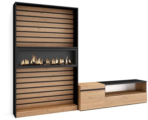 Skraut Home | Muebles de Salón para TV | Conjunto de Muebles Comedor | 260x186x35cm | para TV hasta 65 | Chimenea eléctrica | Estilo Moderno | Roble y Negro