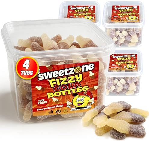 Sweetzone Fizzy Cola Bottles, Mini Tubs, Halal Gummy Sweets, Chewy Fizzy Sweets for Pick and Mix Fans, 4x 170g Tub of Chewy Gummies, Classic Cola Flavour, Perfect for Kids and Halal Sweet Lovers