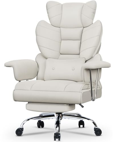 naspaluro High Back PU Leather Ergonomic Computer Recliner, Big Tall Executive Desk Office Chair with Armrests/Footrest, Comfy Heavy Duty Swivel Study Chairs, Adjustable Home Office White Work Chair