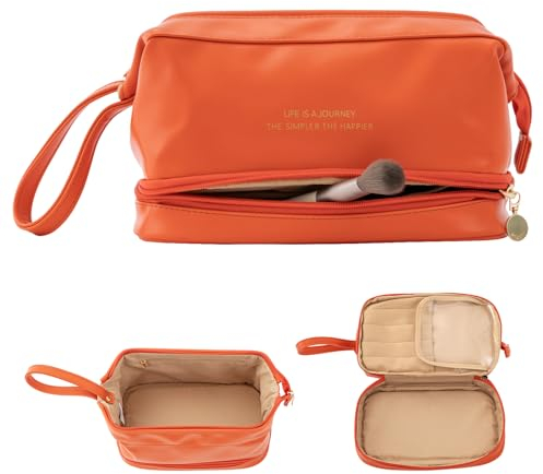Abiudeng Kosmetiktasche Kulturtasche Kulturbeutel-Damen Schminktasche Groß Wasserdicht Make up Organizer Tasche Reisen Kosmetiktasche mit Pinselfach Make up Tasche Klein für Frauen-Orange