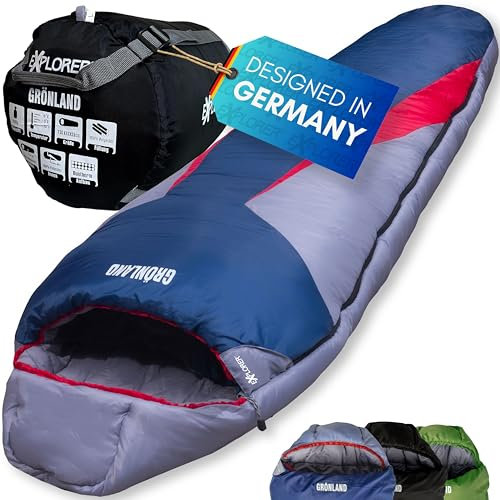 EXPLORER® GRÖNLAND Schlafsack -23°C -5°C [350GSM] 3-4 Jahreszeiten Winter Mumienschlafsack für Erwachsene[1900g] 230x82x55cm Zip Rechts Blau/Grau/Rot ideal für Outdoor, Camping, Trekking und Reisen
