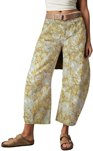 loveimgs Jean large pour femme - Taille moyenne - Imprimé - Jambe large - Style hippie - Style patchwork années 2000