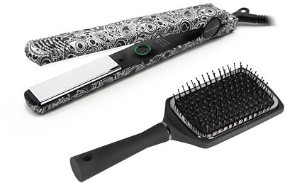 Corioliss C-Style | Plancha del Pelo | Placas de Titanio | Control de Temperatura 165º-220º | Iónica | Alisado Ondas | Incluye Cepillo Paddle | Calentamiento 30 Seg | Cable Giratorio | Silver Paisley