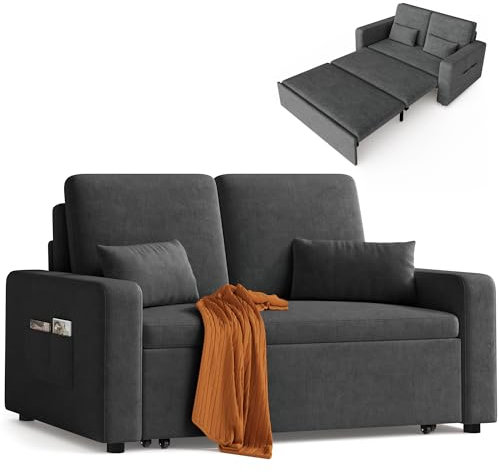 Xbro Sofa mit Schlaffunktion 147x196x87 cm, Schlafsofa 2-Sitzer Ausziehbar mit 4 Rollen, Modernes Veloursstoff Sofabett, Dunkelgrau