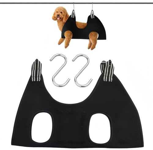Dog Grooming Hammock With two hooks, Dog Cat Grooming Harness Sling for Small Pet Nail Cutting, Bathing, dog grooming harness ，Claw Care, Ears Care Washing (Black)