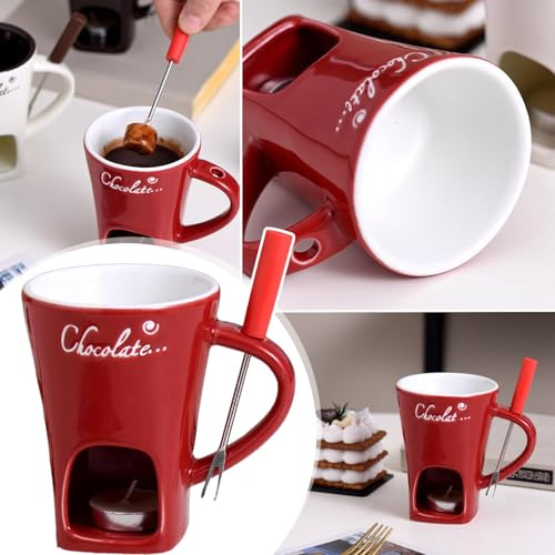 Tasse à Fondue au Chocolat, 200 ML Services à Fondue au Chocolat, Tasse à Fondue au Chocolat en Céramique, Tasse à Fondue avec Fourchette et Bougie À Thé, Tasse à Fondue pour Bonbons et Chocolat