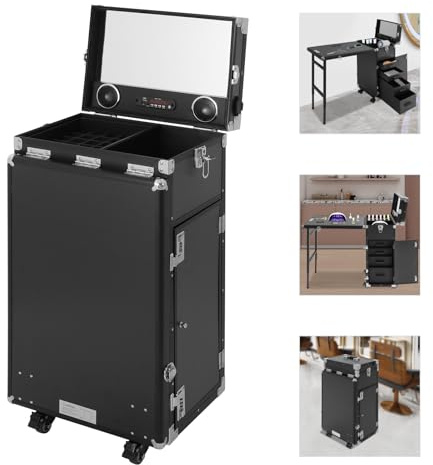 Tragbarer Make-up Tisch Klappbarer Rollbarer Nageltisch Manikürtisch mit Rollen Aluminium ABS Sicherheitsschlösser Spiegel Bluetooth Lautsprecher 4 Schubladen 50kg Tragkraft 57x38cm Arbeitsfläche für