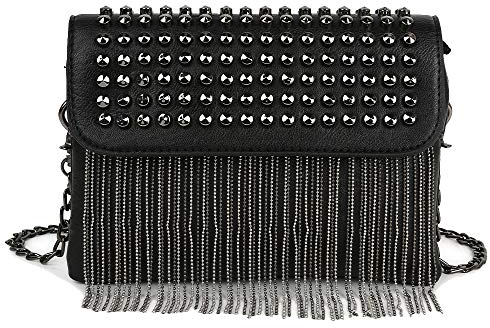 Kris Anna Womens Rivet Mini Crossbody Bag with Chain Shoulder Strap Tassel Black