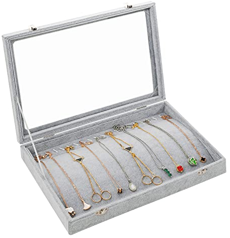 Yewclls Scatola di Collana Cofanetto Portagioie in Velluto Argentato con 20 Ganci e Coperchio in Vetro - Porta Gioielli per Collane, Bracciali e Cavigliere 35x 24x 4.5cm