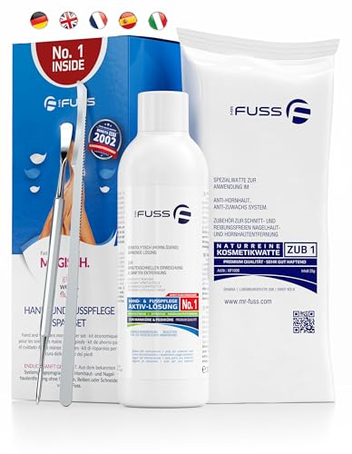 Mr. Fuss® No. 1 - Plus Pack Complete - Klein, Nagelhaut- Hornhautentferner Sparpaket 4 tlg. Aktiv-Lösung Schnell & Stark erweichend - 200 ml, Watte, Besteck-Set