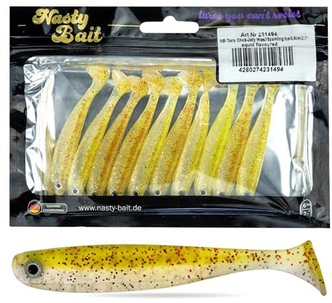 Tasty Chick/Gummifisch/ 10 Stück/Angelköder/Softbait/ 8 UV aktive Modelle/ 3D–Augen/Tintenfisch Aroma/Länge 6,8 cm/Barsch, Hecht, Zander, Rapfen, Forelle u.a. Raubfische
