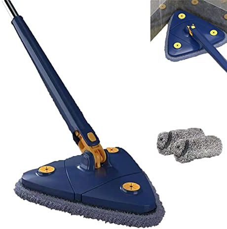 Trapeador de limpieza triangular ajustable giratorio de 360 grados, multifuncional, limpiador retráctil de polvo seco y húmedo para limpieza de paredes de piso, techo, ventana (azul)