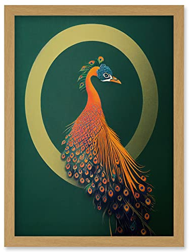 Wee Blue Coo Glamorous Stylish Chic Modern Peacock Illustration Green Gold Orange Artwork Framed Wall Art Print A4