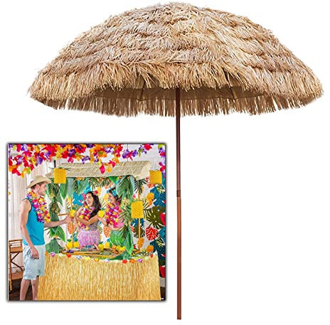 BEISCO Garten Sonnenschirm Natur Strohschirm Tropischer Hawaii Bast Fransen Gartenschirm für Grill Sommer Tiki Party Deko Restaurant Bar