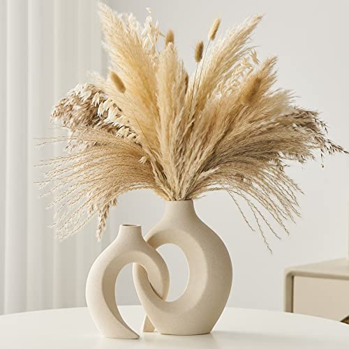 Weiße Keramikvase, Set mit 2 hohlen Vasen für Blumen, Donut-Blumenvase für Tafelaufsatz, Tischdekorationen, moderne Wohnkultur für Wohnzimmer, Regal, Küche, Esstisch, Hochzeitsgeschenke