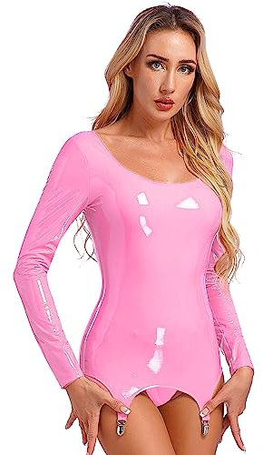 Freebily Vestito Donna Sexy Aderente Corto con Reggicalze Wetlook Vestito Bodycon in Pelle Verniciata Lucido Mini Abito da Sera Festa Discoteca Cocktail Latex Vestiti Tubino Rosa M