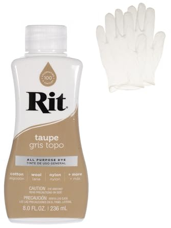 Rit Dye - Tinte líquido para tela, para manualidades, ropa y decoración, botella de 8 onzas, color gris pardo (guantes incluidos)
