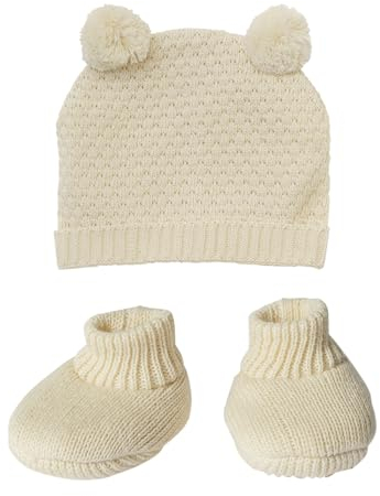 Heless 4801 - Puppenkleidung aus 100 Prozent Bio-Baumwolle, 2-teiliges Strickset mit Bommelmütze und Strickschuhen in Ecru für Puppen und Kuscheltiere der Größe 28-35 cm
