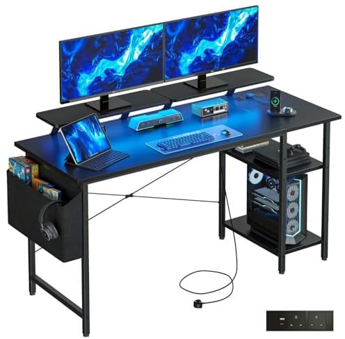 DOMSHOCT Gaming Desk with LED Lights & Power Outlets, Reversible Computer Desk with Storage Shelves,Small corner desk, for Home Office & Study, 120×50cm Black