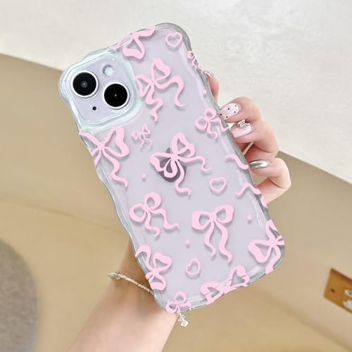 UEEBAI Bow Case for iPhone 13 6.1, Wavy Cute Ribbon Pretty Aesthetic Case Curly Stylish Soft Wave Clear Phone Case Shockproof Protective Pretty Cover for Women Girl - Pink