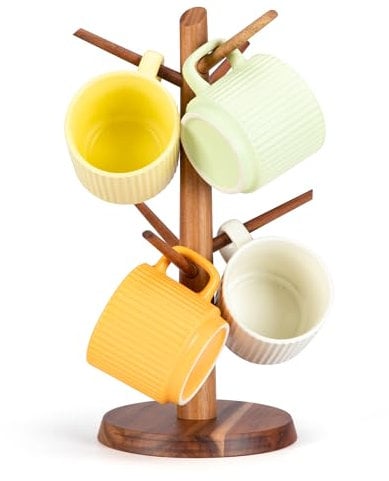 E-ROOM TREND Mug Holder Tree | Acacia Wood Mug Tree Coffee Mug Holder | Coffee Cup Holder | for Kitchen Counter Decor Coffee Bar Accessories and Home Organizer with 6 Hooks Brown(MHA6B)