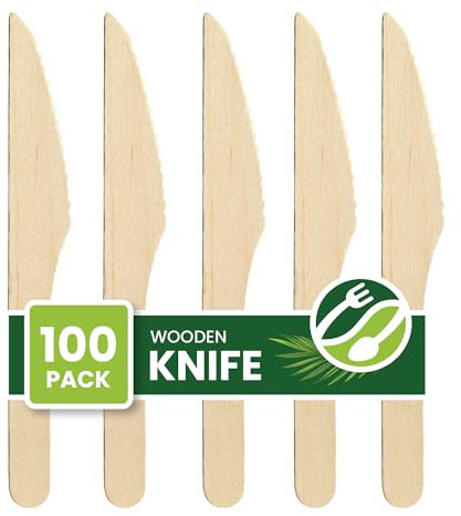 Eco Leaf Disposable Wooden Knives - Pack of 100, 16cm, Compostable, Eco-Friendly Cutlery Set for Weddings, Picnics, BBQs, Parties, Catering & Outdoor Dining