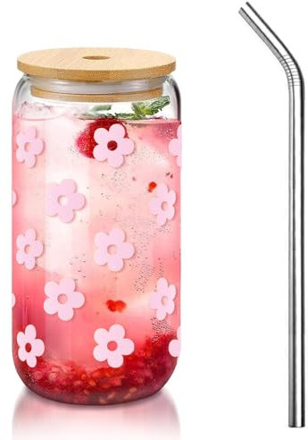 Hebterrka Aesthetic Drinking Glass with Straw and Lid, Clean Girl Aesthetic Tumbler, Glass with Lid for Matcha and Coquette Style