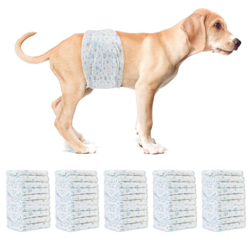 Pannolini Cane Maschio Usa e Getta 50 pz ad Assorbenza Alta e Indicatori Umidità - Pannolino a Fascia con Patch Adesiva Forte - Taglia Regolabile