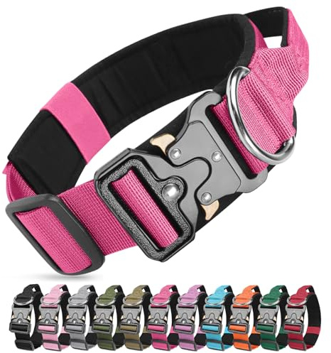 Ledeak Tactical Dog Collar, Military Nylon Adjustable Training Dog Collar with Heavy Duty Metal Buckle, Comfortable Pet Collars with Handle and Soft Padded for Medium Large Dogs (Rose Red, XL)