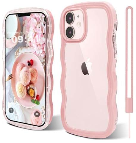 Andwing für iPhone 11 hülle 6,1 Zoll Rosa | niedlicher Wellenrahmen,lockige Form,stoßfeste harte PC-Telefonabdeckung für Frauen und Mädchen