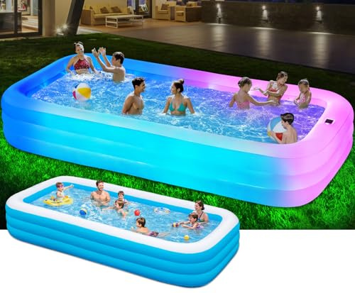 QIUJIN 145x74x22, Large Solar Inflatable Pool with Lights, Oversized Thickened Blow Up Pool for Adults, 7 Color Changed Family Swimming Pool for Backyard, Outdoor