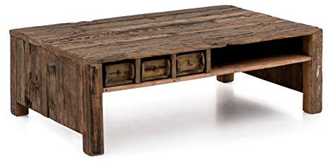 Woodkings® Couchtisch Madurai 125x75 Altholz Möbel recycelt antik massiv, mit Ablage und Schubladen, Vintage, Design Sofatisch, Ziegelform Wohnzimmer Möbel Unikat