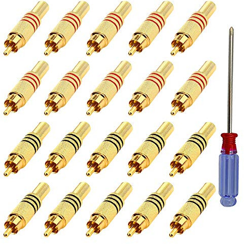QitinDasen 20Pcs Premium Spine Maschio RCA, Connettore Audio Video Placcato Oro, Adattatore Spina Senza Saldatura, per Multimedia e CCTV (Cerchio Rosso e Nero)