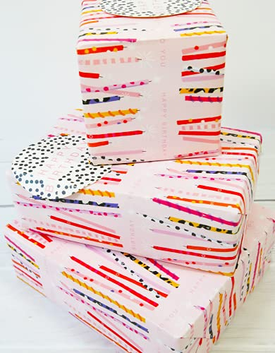 Wrapping Paper 12364ABirthday Candles Gift Wrap Pack with 2 Sheets & 2 Tags, Plastic Free & FULLY RECYCABLE, Multicoloured