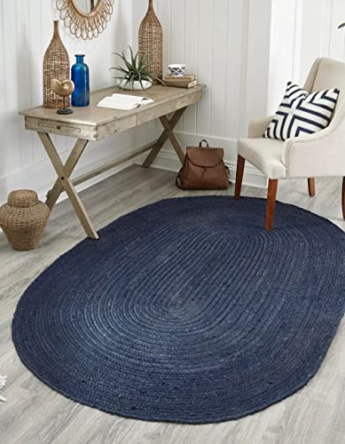 Agro Richer RUG Jute-Teppich, natürlich, handgeflochten, oval, blau, handgefertigt, Naturfaser, Teppich, Küche, Flur, 120 x 180 cm