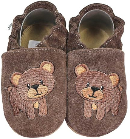 HOBEA-Germany Krabbelschuhe für Jungs und Mädchen in verschiedenen Designs, Kinderhausschuhe Jungen, Lederschuhe, Schuhgröße: 22/23, Modell Schuhe: Bär Dunkelbraun