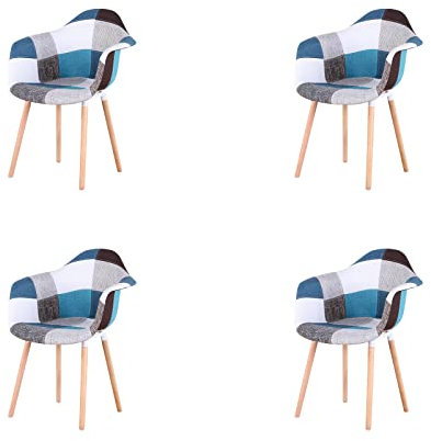 HJhomeheart 4er Esszimmerstühle aus Patchwork-Stoff mit Armlehnen, moderner Design-Sessel, skandinavischer Küchenstuhl aus Buchenholz (A5-Blau)