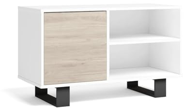 Skraut Home | Mueble TV 100 con Puerta Izquierda| Sala de Estar/Comedor| Modelo Wind| Color Estructura Blanca| Color Puerta Roble| Medidas 95x40x57cm de Altura.