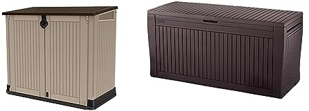 Keter Porta Attrezzi da Giardino e Baule Comfy in Resina, Beige e Marrone, 71.5 x 132 x 113.5 cm / 44.7 x 116.7 x 57 cm, 18.1 Kg / 6.3 Kg e 270 L di Capacità